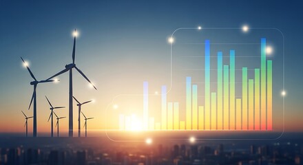 Wind Turbines at Sunset with Rising Chart A Vision of Clean Energy and Future Growth Against the Backdrop of a Modern