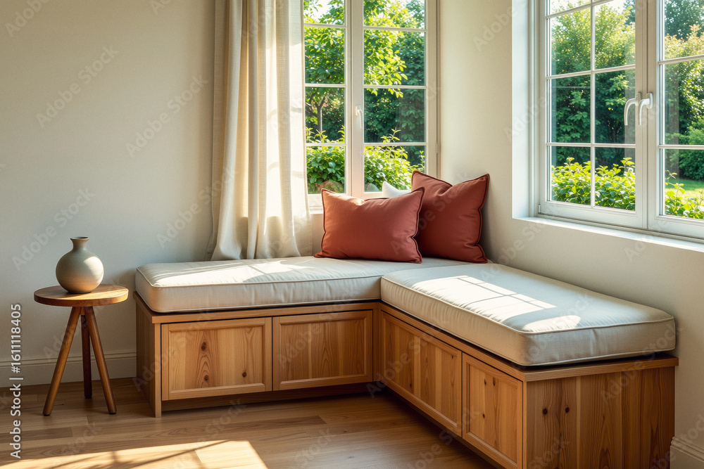 Poster sunlight streams into a cozy corner nook featuring built-in storage, plush cushions, and decorative 