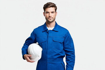 Confident male mechanic in blue uniform holding a white hard hat, ready for work, isolated on transparent background