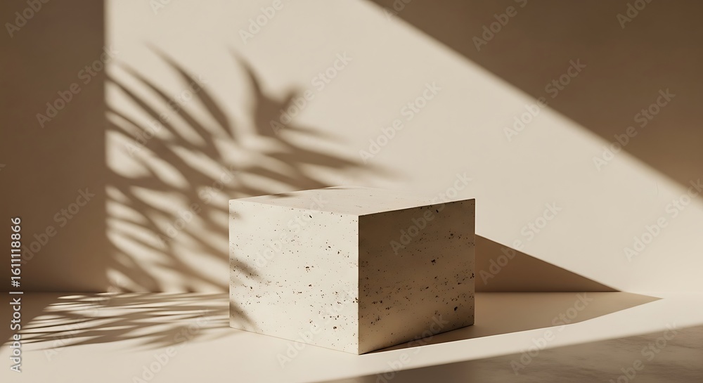 Poster minimalist cube display with shadow, light and texture for product presentation in neutral tones, st