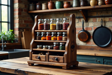A wooden spice rack filled with colorful spices sits on a rustic kitchen countertop, showcasing a warm and inviting culinary setting.