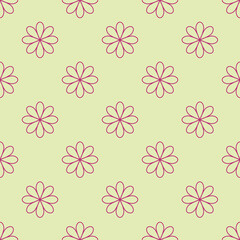 Vector flower pattern with pink linear daisy flowers on a light green background