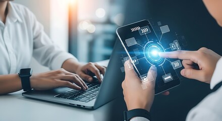 Business team collaboration with laptop and mobile app working together on digital transformation and technology