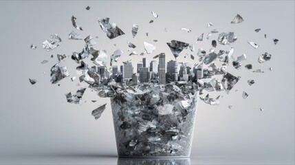 Shattering glass container revealing cityscape inside symbolizing urban fragility and forceful disruption