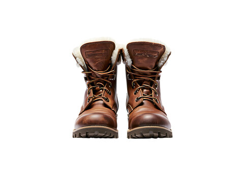 Warm brown leather winter boots with fur lining isolated on transparent background