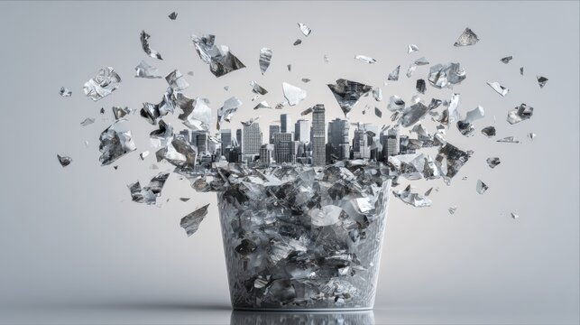 Shattering glass container revealing cityscape inside symbolizing urban fragility and forceful disruption - Powered by Adobe
