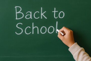 child hand writing back to school on green chalkboard with white chalk soft light indoor classroom concept of learning return education