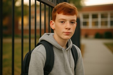 freckled teenage boy in grey hoodie leaning on fence gazing at camera soft light after school back to school concept of adolescence expression youth