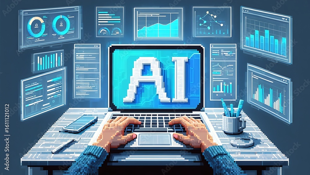 Poster pixelated hands typing on a laptop displaying large ai text surrounded by futuristic data dashboards
