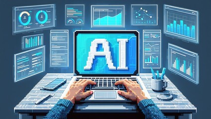 Pixelated hands typing on a laptop displaying large AI text surrounded by futuristic data dashboards