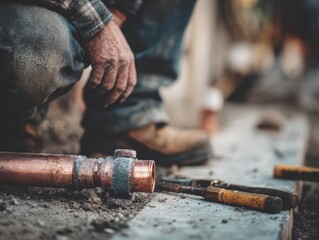 Person in work clothes kneeling with tools on ground adjusting copper pipe highlighting tactile reality of plumbing labor