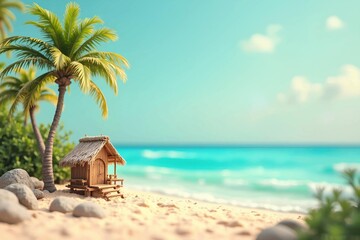 Tropical beach paradise escape with turquoise water, palm trees, and charming beach hut for your dream vacation