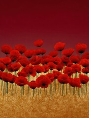 Digital illustration of a field of red poppies. the background is a solid red color, and the flowers are arranged in a way that they are overlapping each other.