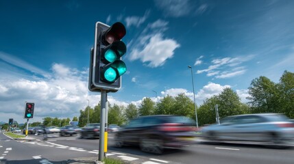 A long shot of a traffic light on a busy highway, with cars speeding by and the green signal shining brightly under a blue sky