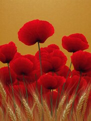Digital illustration of a field of red poppies. the background is a gradient of orange and yellow, with the majority of the flowers being a bright red color.