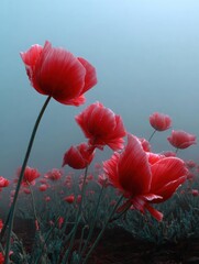 Photograph of a field of red tulips. the tulips are in full bloom, with their petals spread wide and their vibrant red color standing out against the blue sky in the background.