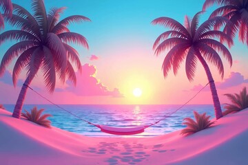 Fototapeta premium Tropical sunset with pink sand and hammock promises relaxation and peaceful vacation escape