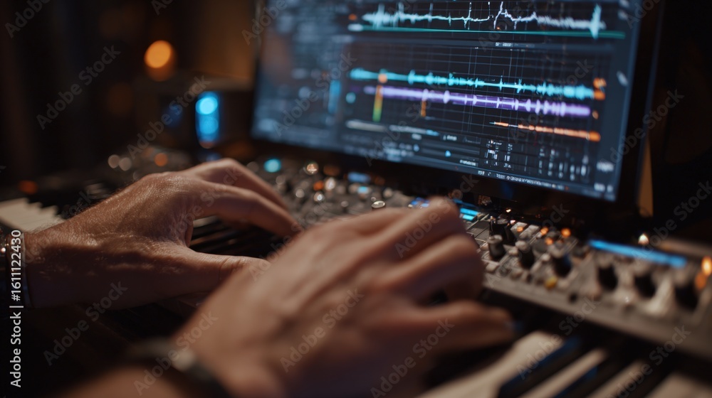 Aufkleber first-person view of hands editing vocal track with effects chain on plugin interface