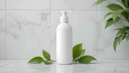 White candle with green leaves and milk bottle on green background