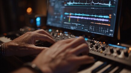 First-person view of hands editing vocal track with effects chain on plugin interface