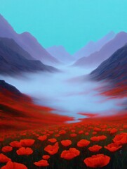 Beautiful landscape of a mountain range with a field of red poppies in the foreground. the sky is a deep blue with a hint of pink and purple, and the mountains are covered in a layer of fog or mist.