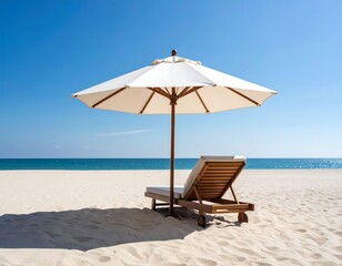 Beach chair and umbrella on white sand (1)