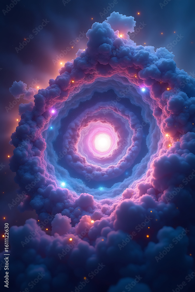 Poster a swirling vortex of clouds with vibrant colors and glowing particles.