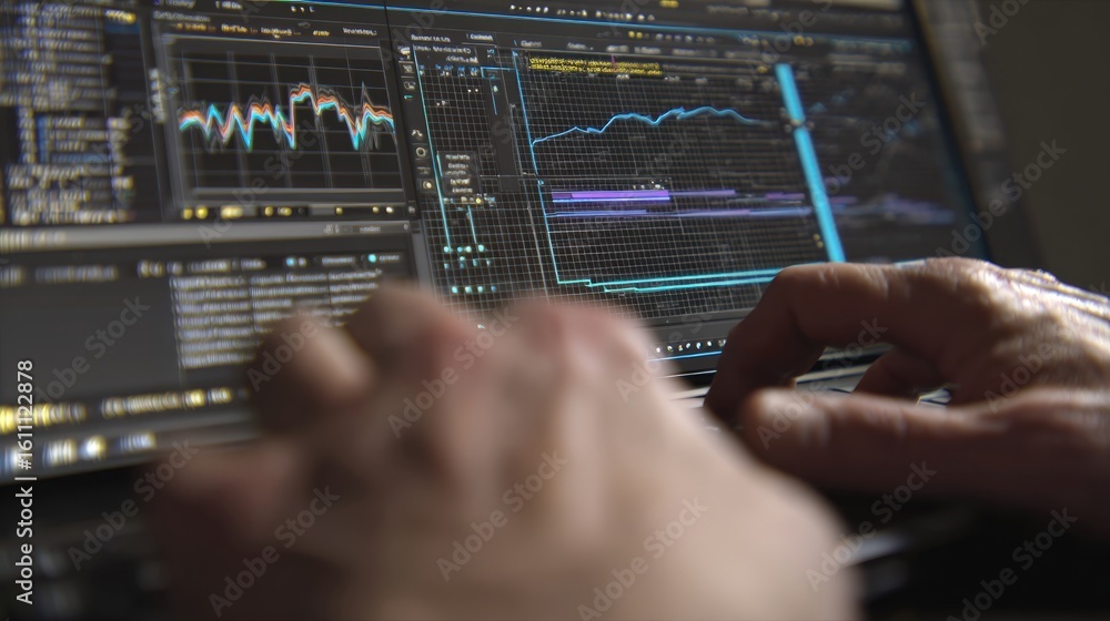 Aufkleber first-person view of hands editing animation timeline and graph editor