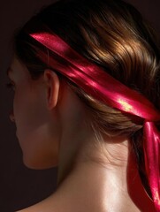 Close-up of the back of a woman's head and neck. she is wearing a red headband tied in a knot on her hair. the headband is made of a shiny, metallic fabric and is tied in an elegant manner.