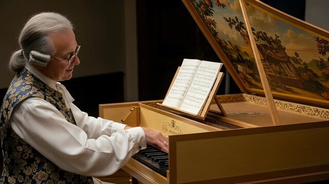 Elderly male harpsichordist performs classical music with passion on grand instrument