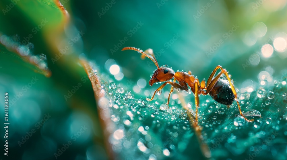 Poster a macro shot of an ant biting into a leaf, with tiny droplets of dew on the leaf and sunlight creati