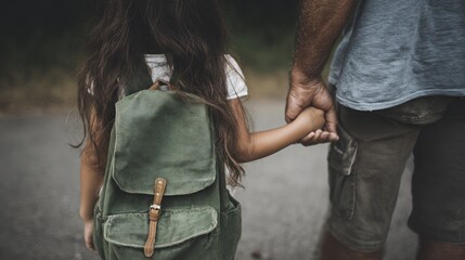 child with school backpack is holding hands mother's