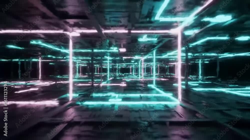 Poster abstract digital space with glowing neon pink and blue lines forming a grid-like structure, creating