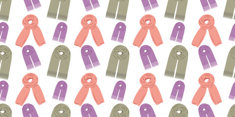 Seasonal autumn clothing seamless pattern with scarves pin flat style. Hand drawn vector illustration for print and online projects
