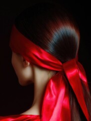 Close-up of the back of a woman's head and neck. she is wearing a red headband tied in a bow on her head. the headband is made of a shiny, satin-like material and is tied in the shape of a knot.