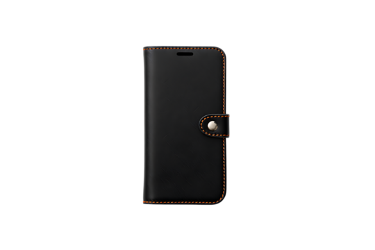 Black leather flip phone case isolated on transparent background