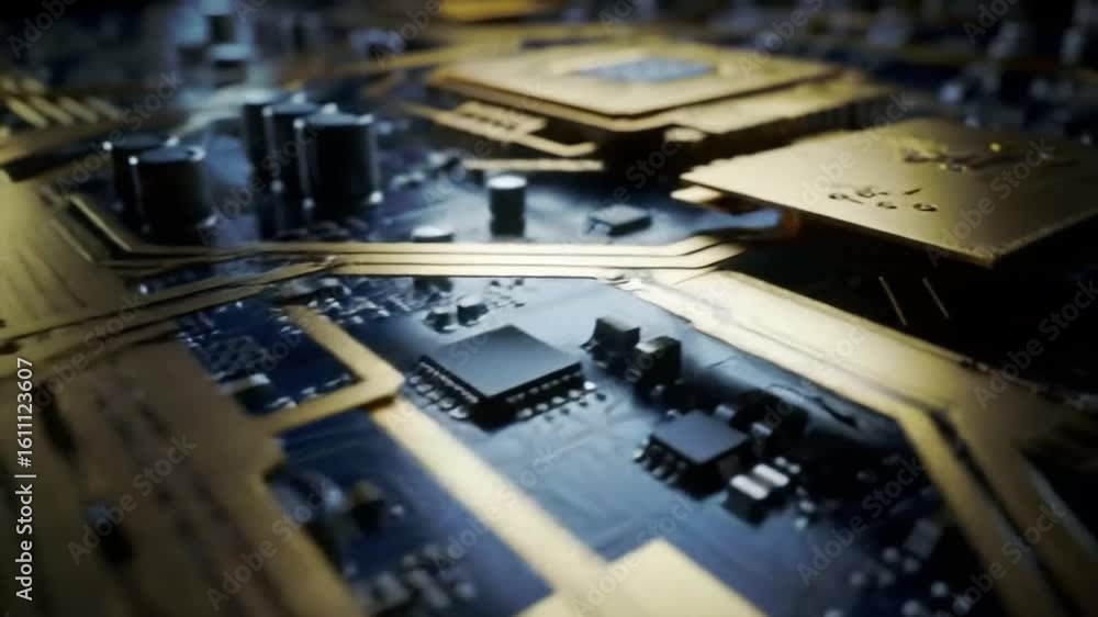Poster close-up view of a complex computer motherboard with visible circuits, chips, and components, showca