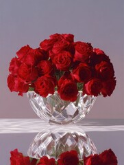 Photograph of a beautiful bouquet of red roses in a crystal vase. the roses are arranged in a way that they are cascading down the sides of the vase, creating a cascading effect.