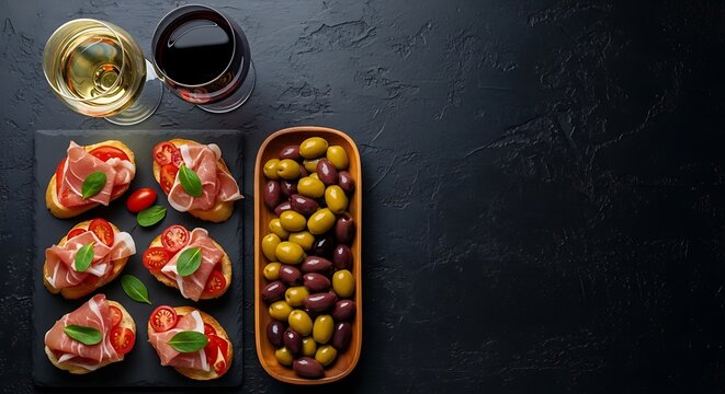 Appetizers with wine and olives on a dark background