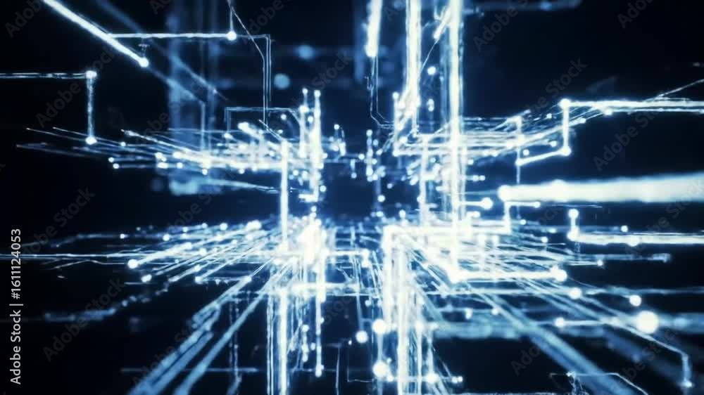 Poster abstract digital network with glowing blue lines and dots, creating a futuristic and technological v