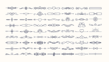 Text dividers with hearts doodle set. Wedding decorative elements. Divider ornament, borders, lines. Hand drawn vector illustration isolated on white background