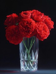Painting of a vase with a bunch of red carnations in it. the vase is made of clear glass and has a diamond pattern on the bottom.