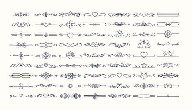 Text dividers with hearts doodle set. Wedding decorative elements. Divider ornament, borders, lines. Hand drawn vector illustration isolated on white background