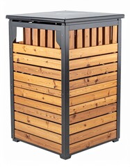 Stylish wooden trash bin with a modern design, perfect for outdoor spaces. A blend of functionality and aesthetic appeal.