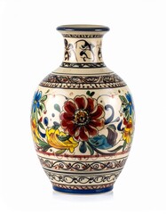 A beautifully crafted ceramic vase adorned with vibrant floral designs, perfect for home decor or cultural displays.