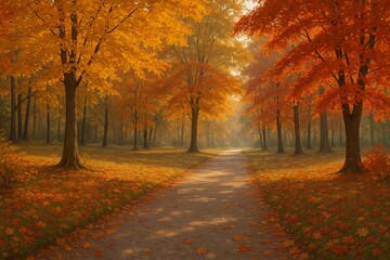 Serene autumn pathway lined with vibrant orange and yellow trees  