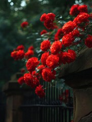 Close-up of a bunch of red roses growing on a stone wall. the roses are in full bloom and are cascading down the wall, creating a beautiful and vibrant display.