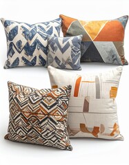 A stylish collection of decorative pillows featuring modern geometric patterns in warm colors, perfect for enhancing home decor.
