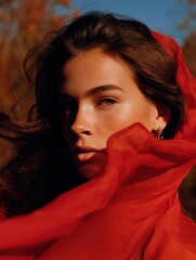 Close-up portrait of a young woman with long dark hair. she is wearing a red scarf that is draped over her head, covering her face and neck.