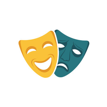 Classic theatre masks symbolizing comedy and tragedy represent contrasting human emotions and dramatic art forms.